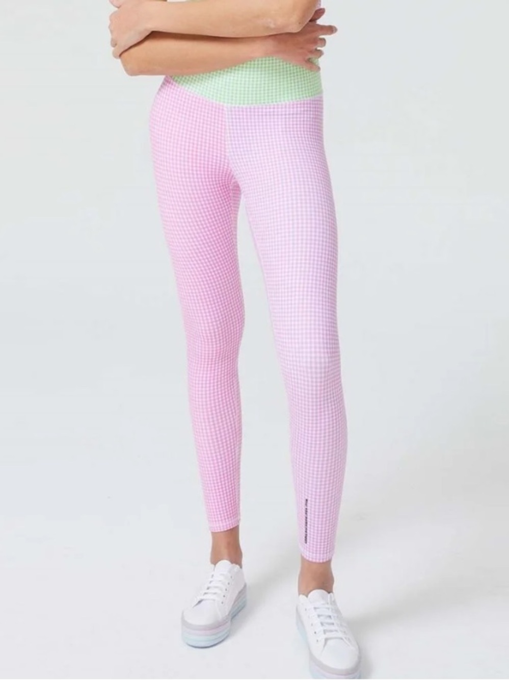 Women’s Terez Two Tone Pink & Purple Gingham High Waist Athletic Leggings Medium